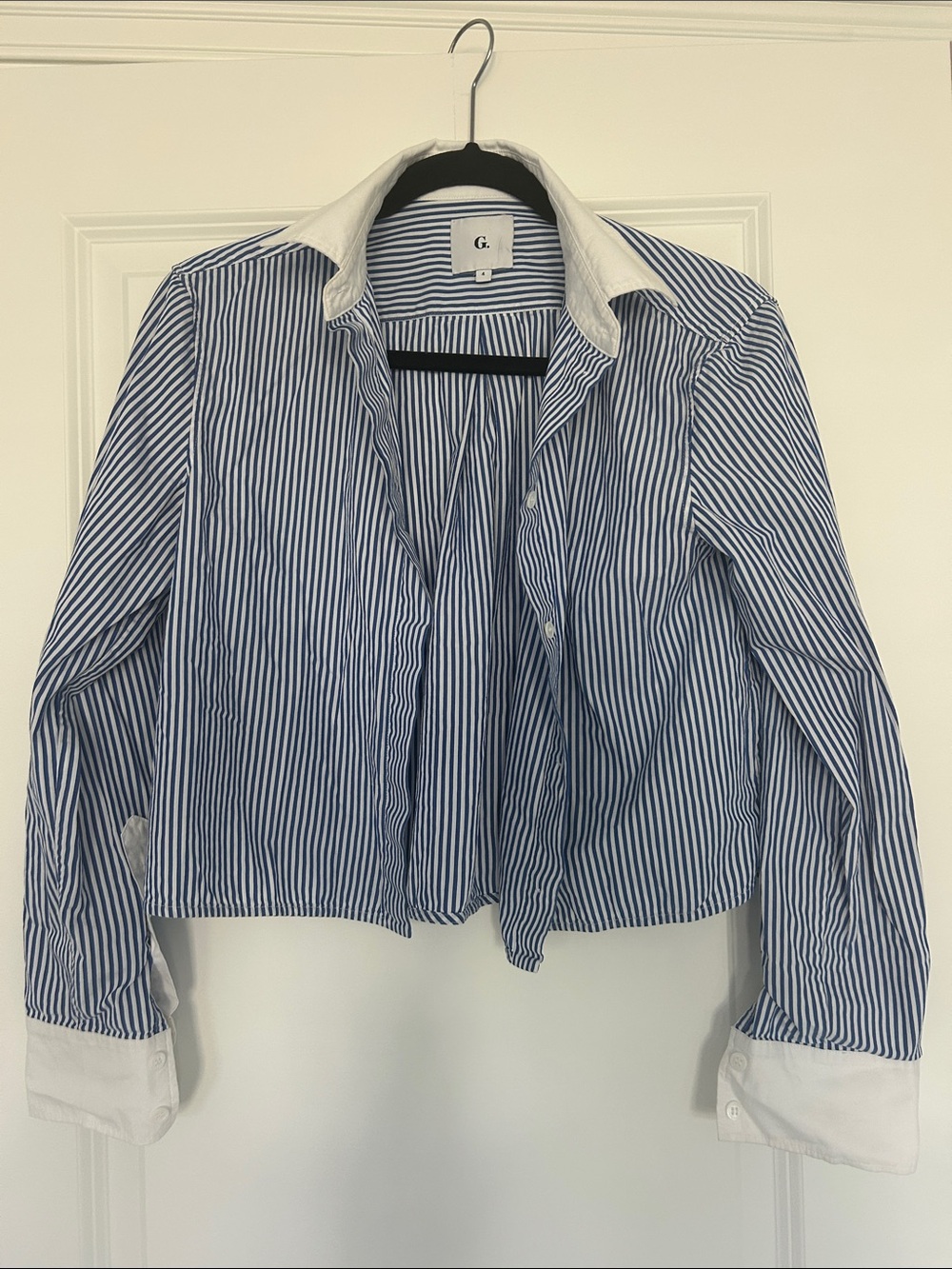 G. Blue Stripe Button-Down Shirt with White Contrast Collar